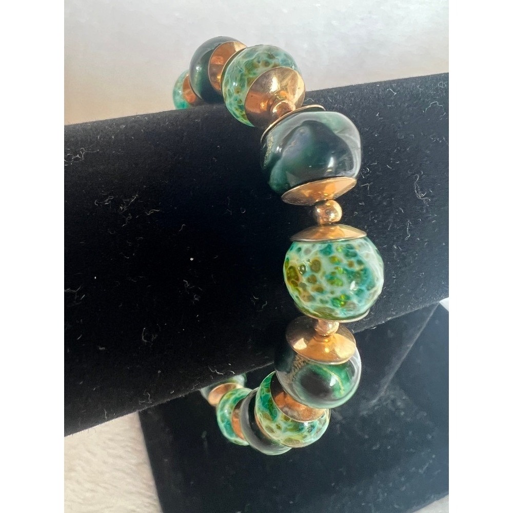 Artisan Glass Bead Bracelet Green Speckled Gold Chunky‎ Earthy Luxe Maximalist